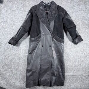 Vintage Wilsons Trench Coat Womens PXS Black Suede Leather Embroidered Paisley